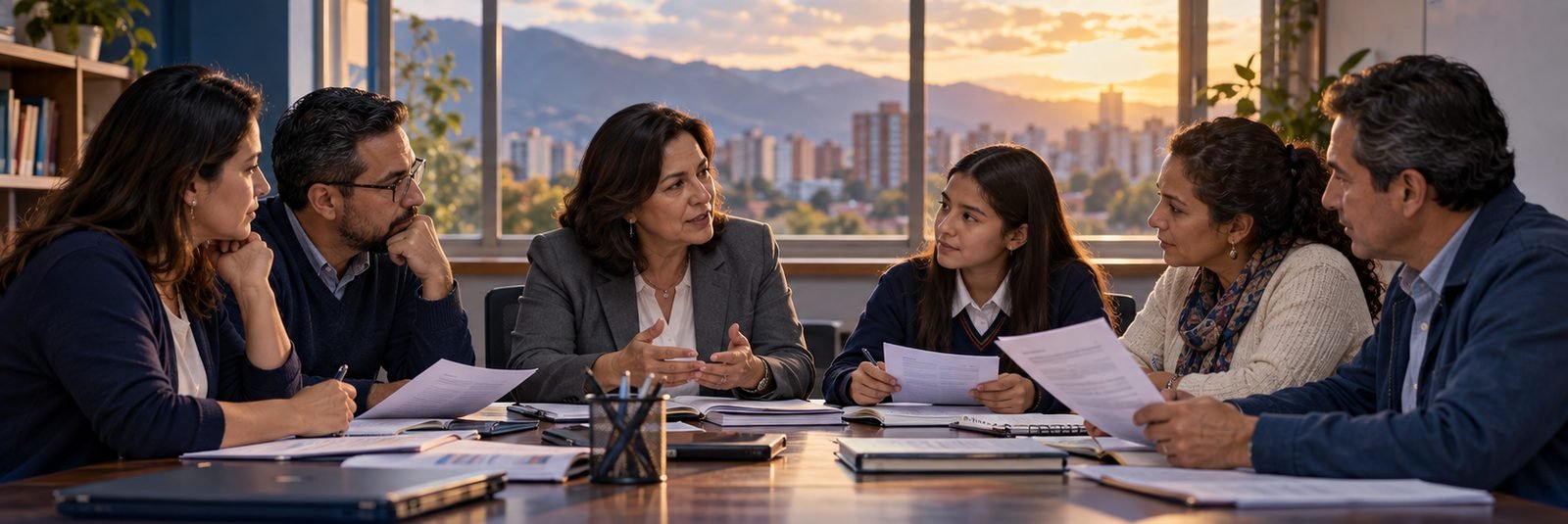 El comité escolar de convivencia reunido alrededor de una mesa