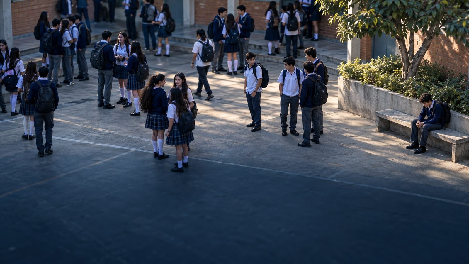 Patio de un colegio durante el descanso; un estudiante está sentado solo en una banca mientras los demás conversan en grupos