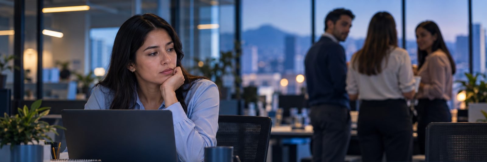 Una trabajadora sola en su escritorio mientras al fondo un grupo de colegas conversa